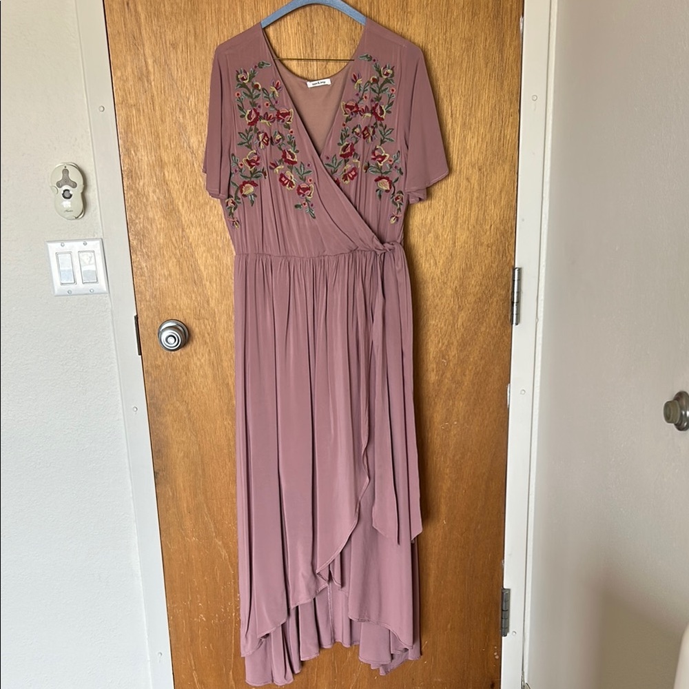 Pink Embroidered Wrap Dress with Flutter Sleeves